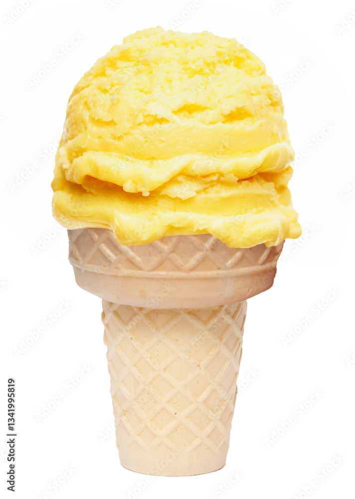 Mango ice cream scoop with cone isolated on white background Mango ice cream scoop with cone isolated on white background