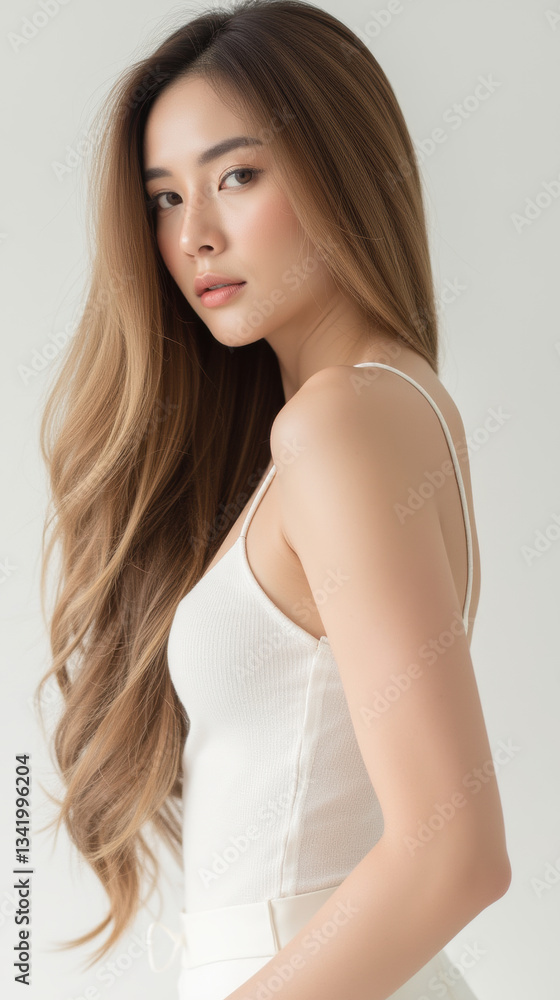 woman with long, flowing hair poses gracefully in light colored outfit, exuding elegance and confidence woman with long, flowing hair poses gracefully in light colored outfit, exuding elegance and confidence