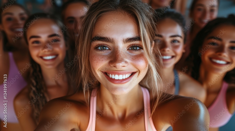 Fototapeta premium Happy Diverse Group of Athletic Women Smiling Fitness Selfie Teamwork