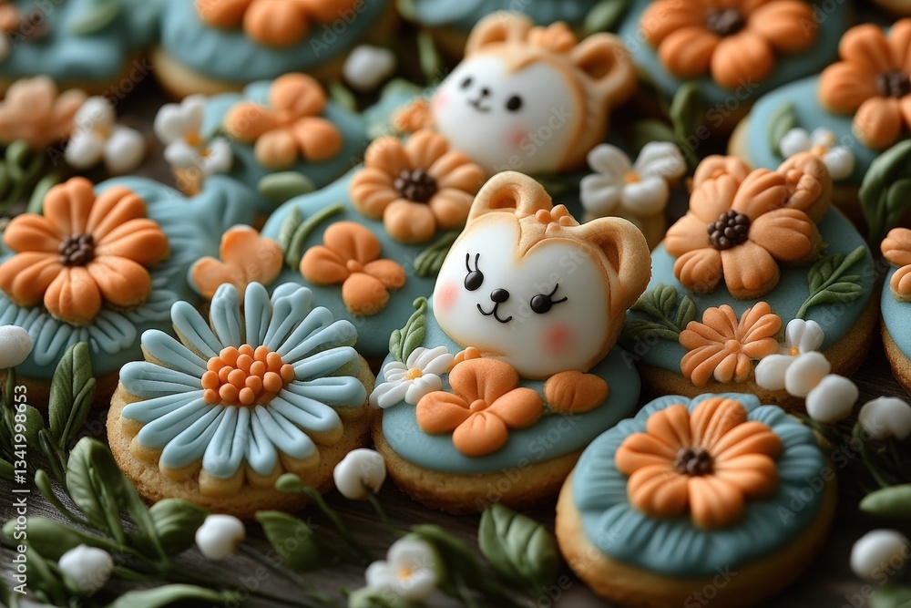 Delightful and Colorful Cookies Shaped Like Charming Animals and Vibrant Flowers Arranged Artistically for a Whimsical Dessert Table