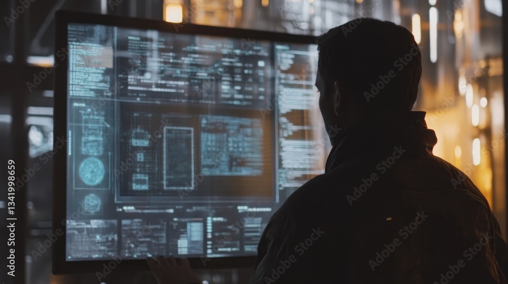 Dedicated programmer analyzing complex code on multiple screens for innovation Dedicated programmer analyzing complex code on multiple screens for innovation