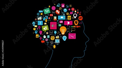 Wallpaper Mural Mindful Integration: A silhouette of a human head filled with a vibrant cloud of icons, symbolizing the complex nature of ideas and modern concepts Torontodigital.ca