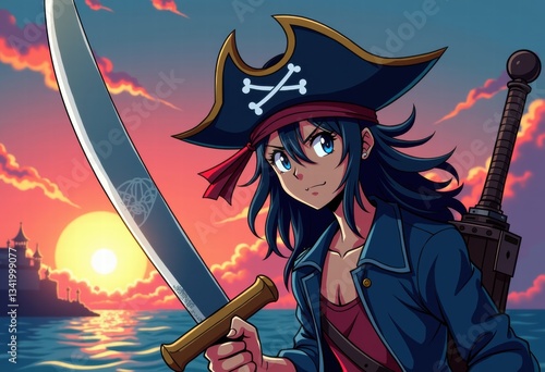 Pirate character wielding a cutlass in dynamic action pose at sunset  