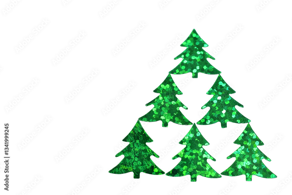 Decorative paper ornament in the form of shiny Christmas trees on a white background. Decorative paper ornament in the form of shiny Christmas trees on a white background.