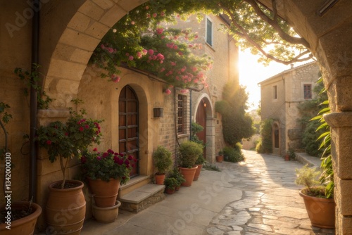 Charming Italian Alleyway at Sunrise  Blossoming with Roses