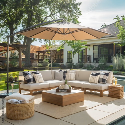 Beige sectional sofa, wooden coffee table, wicker ottoman, cantilever umbrella shade backyard patio setting near pool. Modern, stylish outdoor furniture.