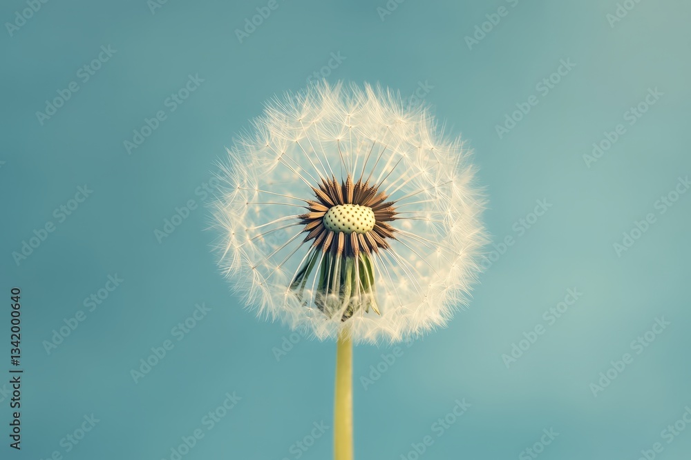 Fototapeta premium A single dandelion clock rests against a bright blue background