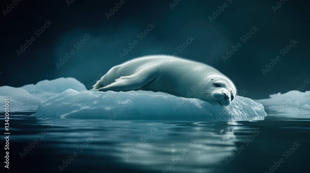 Fototapeta premium Serene harp seal pup rests peacefully upon a glacial ice floe in arctic waters