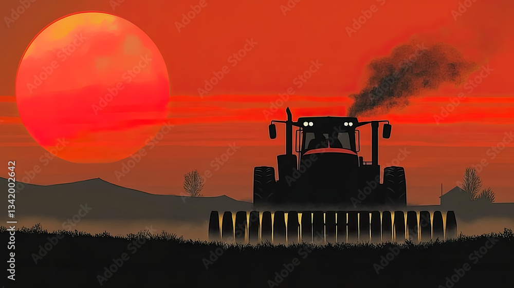 Fototapeta premium Tractor plowing a field on a farm, bright red background of the rising sun in the haze, copy space with concept conscious farming and organic methods maintain ecological balance