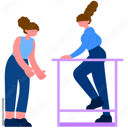 woman doing balance exercises with assistance from a physical therapist, rehabilitation therapy flat vector illustration