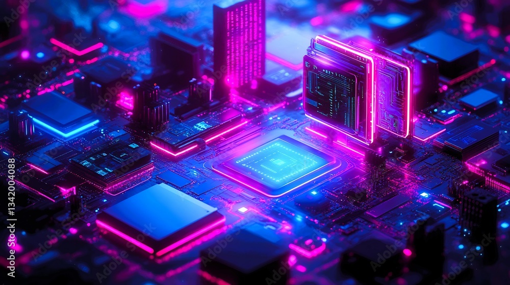 Fototapeta premium 3d isometric office scene computers tablets smartphones on desks vibrant colors and futuristic design team members interacting with technology