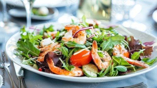 Fresh seafood salad with greens on a plate in natural light