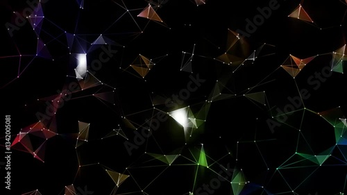 showcases a dynamic network of colorful, glowing polygonal shapes connected by thin lines on a black background, resembling a digital web or neural network. The vibrant colors and floating geometry gi