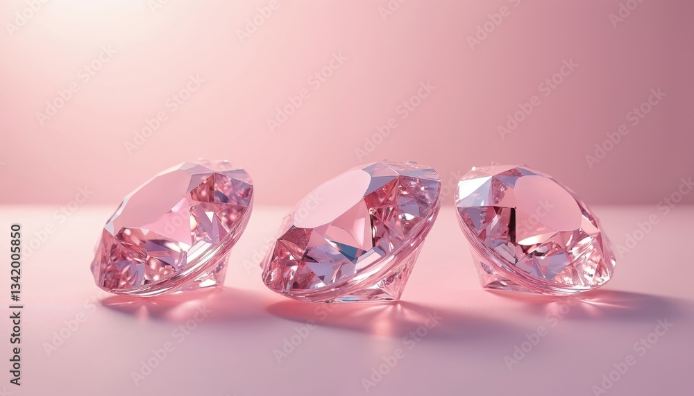 Three elegant pink diamonds sparkle on soft pink surface. Gems showcase beauty brilliance glamour allure. Refined luxury, finance, investment concept. Flawless shiny heirloom design. Glisten decor Three elegant pink diamonds sparkle on soft pink surface. Gems showcase beauty brilliance glamour allure. Refined luxury, finance, investment concept. Flawless shiny heirloom design. Glisten decor
