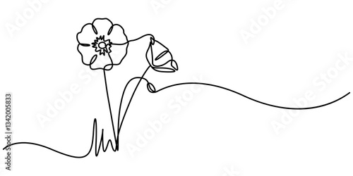 Poppy, Remembrance Day or Veterans Day Continuous Line Drawing with Editable Stroke and Copy Space, Abstract one line continuous poppy flower drawing in minimal style, Poppy flowers in continuous line