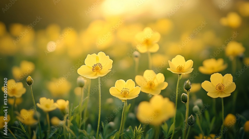 Obraz premium Yellow Flowers in a Field at Sunset