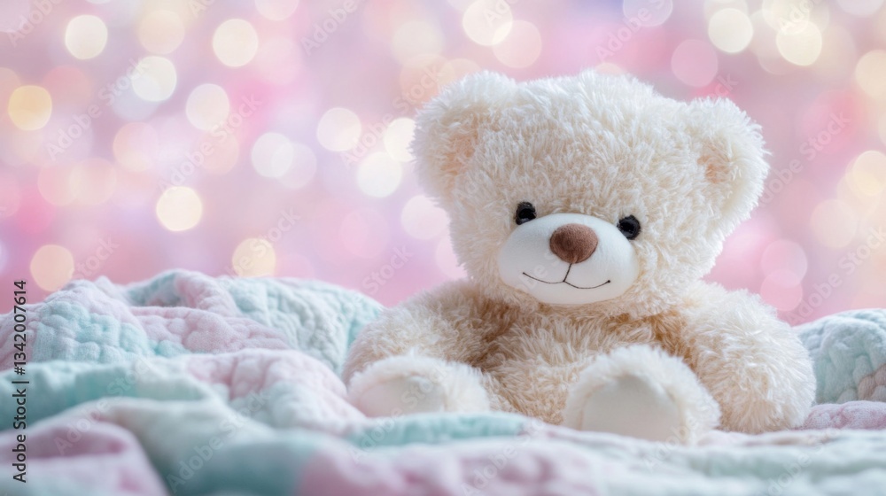 Cream Teddy Bear on Pastel Blanket with Pink Bokeh Background Cream Teddy Bear on Pastel Blanket with Pink Bokeh Background