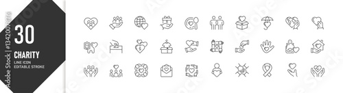 30 Charity Line Icons Representing Donations, Volunteering, and Community Support for Humanitarian Causes, Editable Stroke
