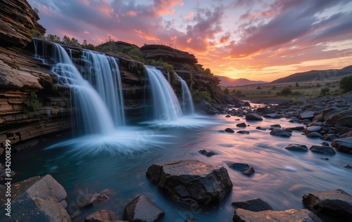 Cascading Waterfall Flowing Into River at Sunset with Rocks and Landscape