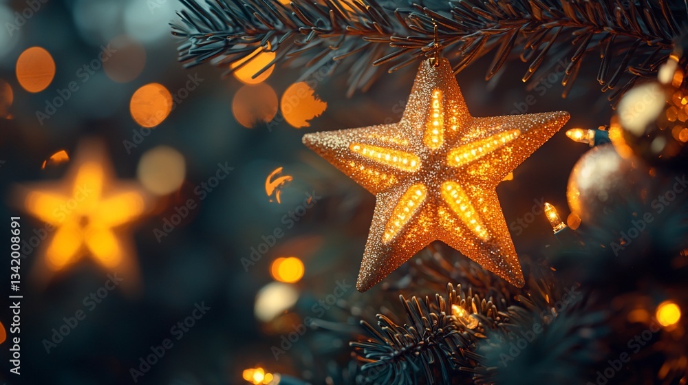 Warm Glowing Star Ornaments on Christmas Tree Warm Glowing Star Ornaments on Christmas Tree
