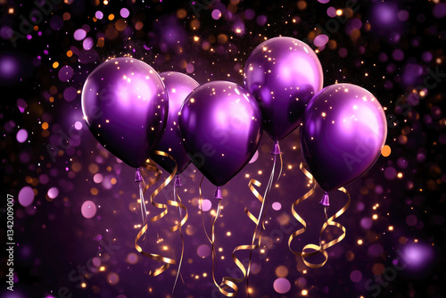 Vibrant purple balloons with golden ribbons amid sparkling confetti