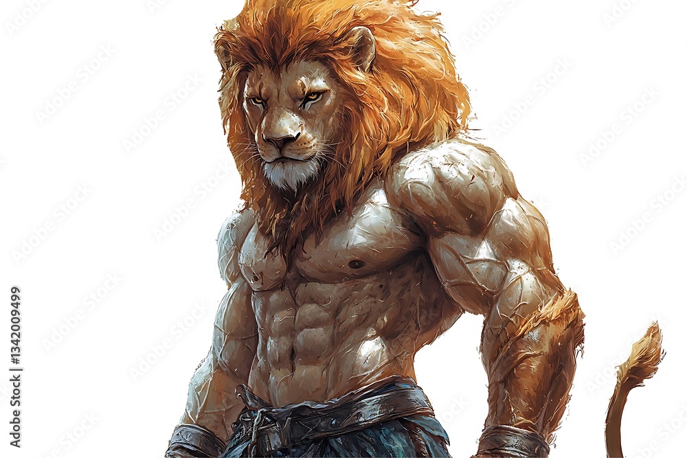 A proud lion with a strong, muscular build, isolated on white background A proud lion with a strong, muscular build, isolated on white background