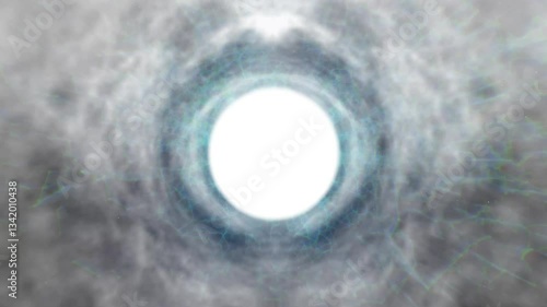 depicts a glowing, circular energy portal surrounded by swirling clouds and mist, giving it an otherworldly, sci-fi appearance. The intense white center suggests a powerful source of light or a gatewa