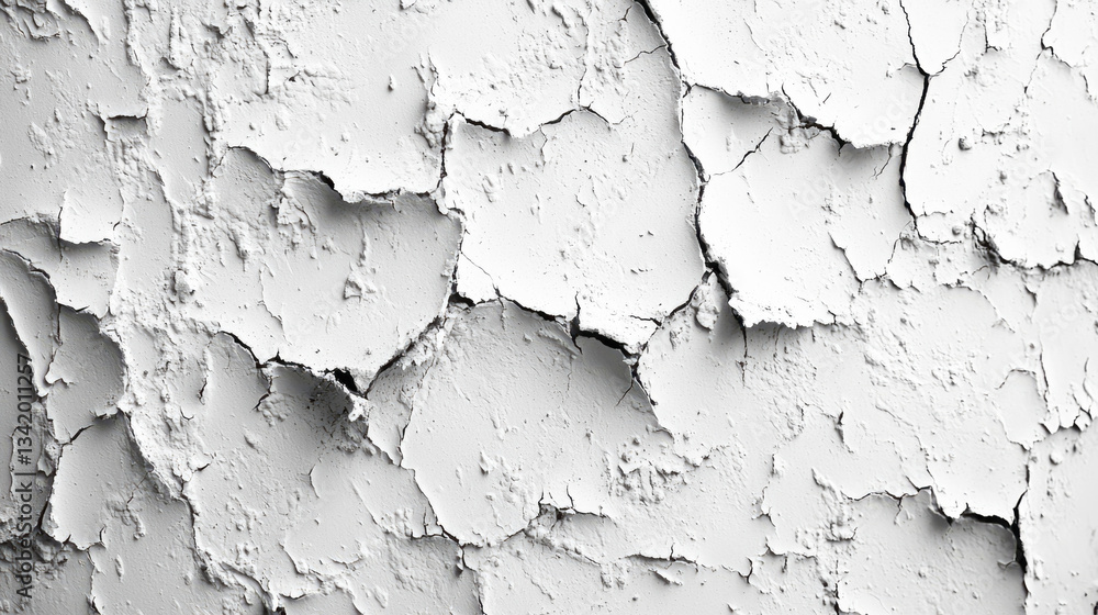 Obraz premium Close-up of cracked white paint texture with peeling surface details