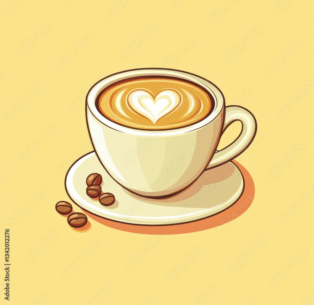 Obraz premium Warm cup of coffee on a white saucer with heart design in foam alongside coffee beans on a cheerful yellow background