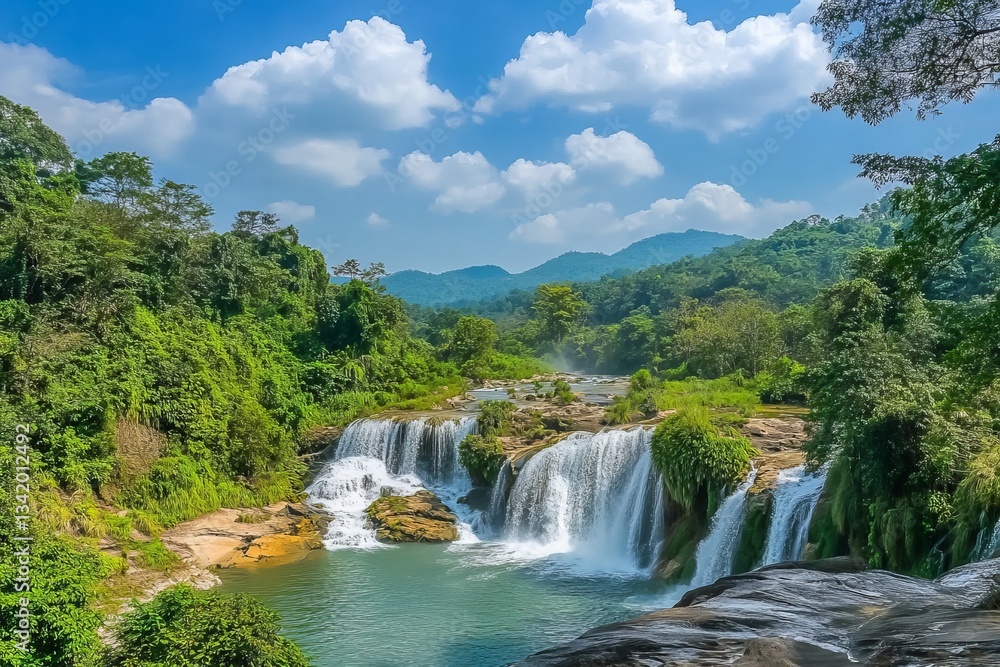 Obraz premium The breathtaking view of the Diu Waterfall in Guizhou Province, China, showcases its majestic waterfalls cascading over lush greenery and crystal-clear waters under a clear blue sky. 