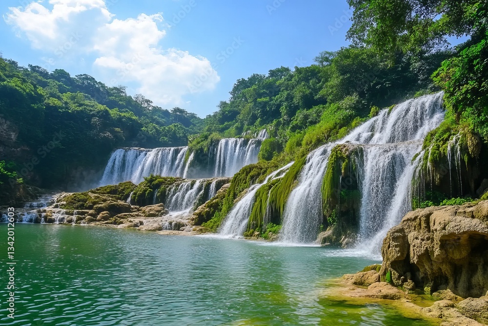 Fototapeta premium The breathtaking view of the Diu Waterfall in Guizhou Province, China, showcases its majestic waterfalls cascading over lush greenery and crystal-clear waters under a clear blue sky.