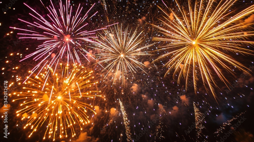 Naklejka premium Vibrant fireworks explode in the night sky, painting the darkness with bursts of gold, pink, and orange. A breathtaking spectacle of light and color.
