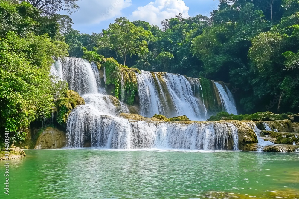 Obraz premium The breathtaking view of the Diu Waterfall in Guizhou Province, China, showcases its majestic waterfalls cascading over lush greenery and crystal-clear waters under a clear blue sky.