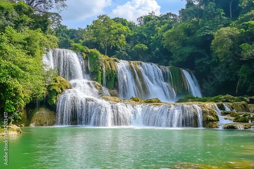 The breathtaking view of the Diu Waterfall in Guizhou Province, China, showcases its majestic waterfalls cascading over lush greenery and crystal-clear waters under a clear blue sky. 