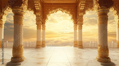 Indian Palace Wedding Terrace, Ornate Golden Gateway Leading to Endless Clouds, Subtle Holi Traces. Background Frame. Copy space. Generative AI