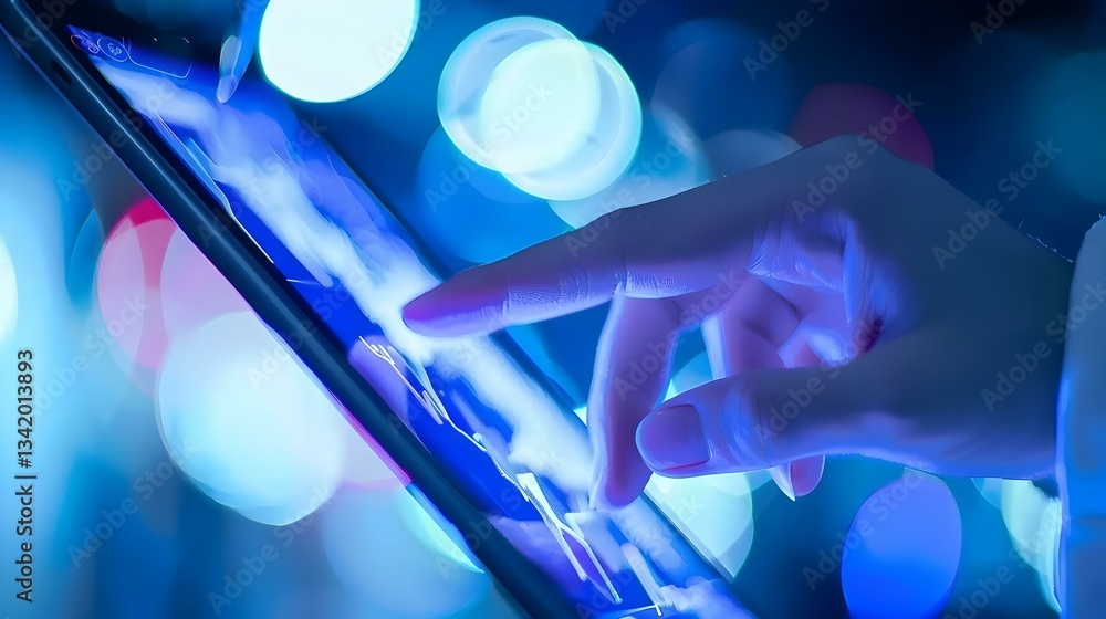 Fototapeta premium A finger gracefully touches a glowing tablet screen, illuminated by vibrant bokeh lights. Image evokes digital interaction, modern technology, and a sense of futuristic elegance.