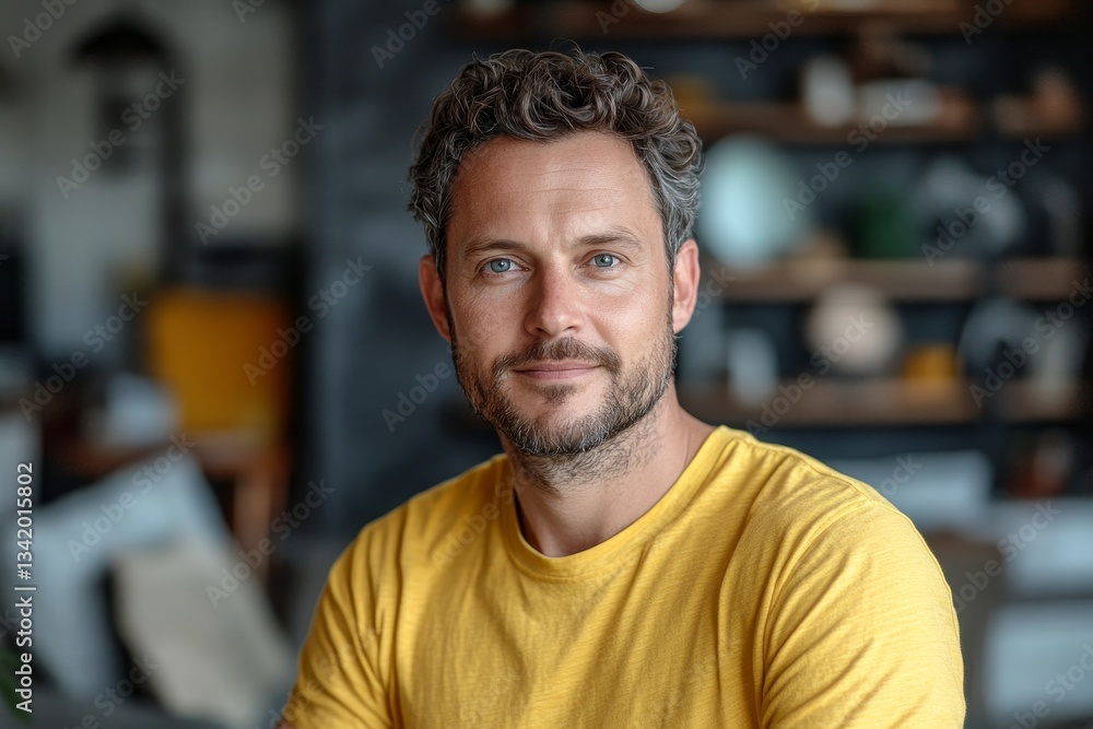 Obraz premium portrait of 40 years old European man in yellow T-shirt at home, closeup