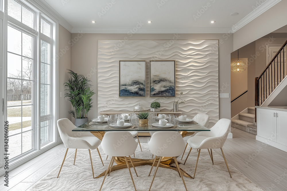 Fototapeta premium Salle à manger contemporaine avec table en verre et chaises élégantes, accents dorés et mur texturé, intérieur moderne et lumineux, mobilier élégant et design, ambiance sophistiquée et tendance