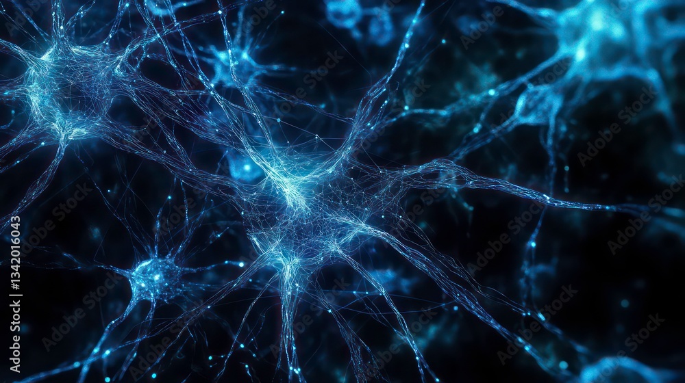 Artificial intelligence network. Abstract image of a digital network illuminated by blue light, showing interconnected nodes and lines on a dark background. Artificial intelligence network. Abstract image of a digital network illuminated by blue light, showing interconnected nodes and lines on a dark background.