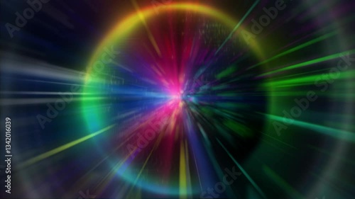dazzling explosion of colorful light, with vibrant hues of blue, green, purple, and red radiating outward from a central point in a cosmic void. It creates a sense of an energetic burst, resembling a 