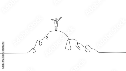 Hiker on a mountain peak feeling joy and freedom. Symbol of achievement and outdoor adventure. Continuous line art drawing animation black and white.