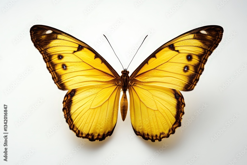 A beautiful yellow butterfly with dark markings displayed openly A beautiful yellow butterfly with dark markings displayed openly