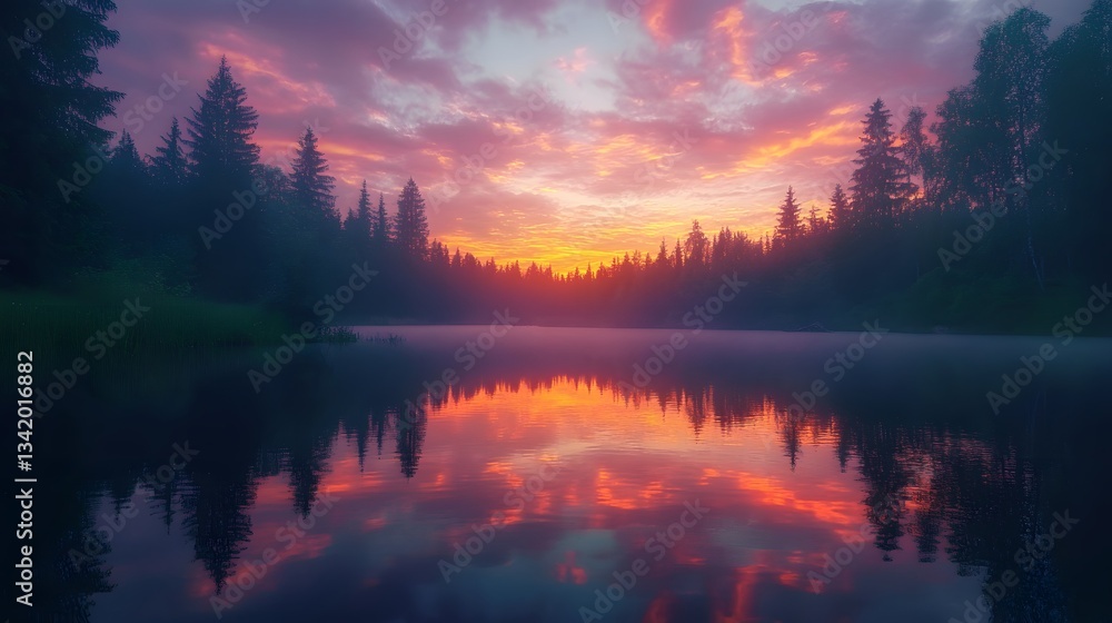 A reflection of mountains in a still lake at sunrise A reflection of mountains in a still lake at sunrise