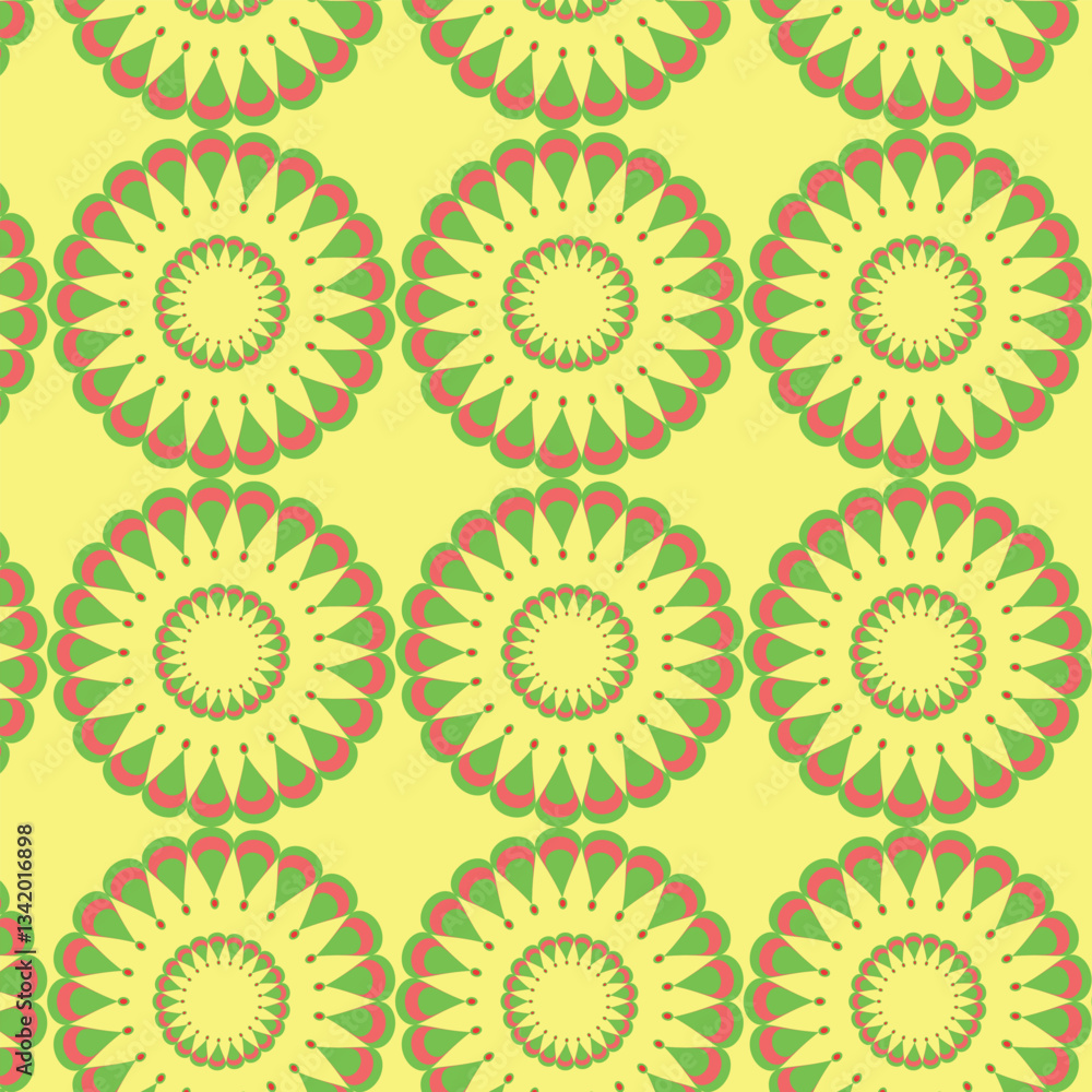 The pattern features repeating floral mandala shapes with a color palette of yellow, green, and red. The background is yellow, with each floral shape consisting of concentric circles 