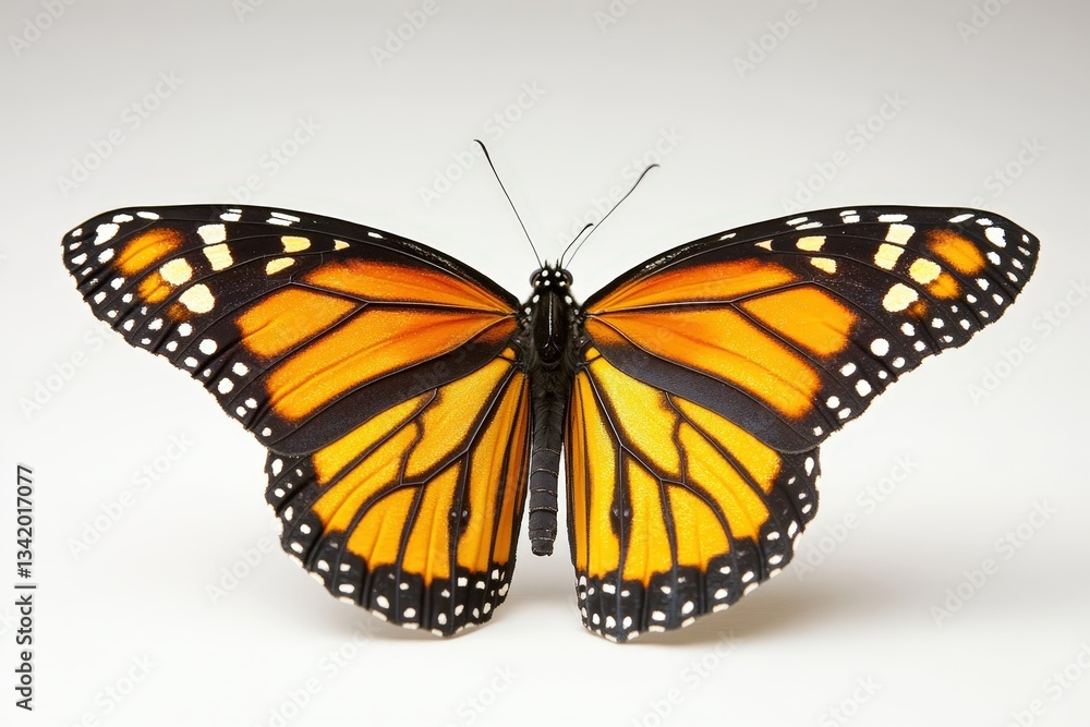 Fototapeta premium An orange and black butterfly exhibiting open wings against white backdrop