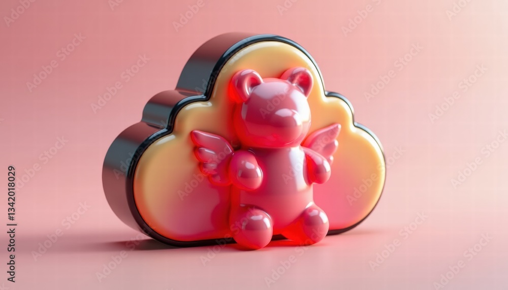 Cute kawaii-style cloud with a pink cherub figure Cute kawaii-style cloud with a pink cherub figure