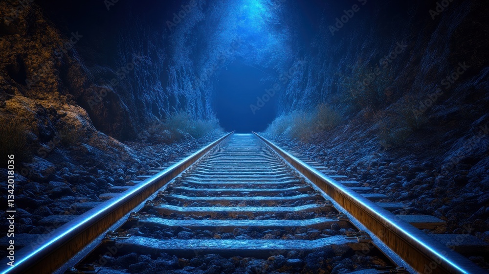 Fototapeta premium Train tracks vanish into glowing mountain tunnel