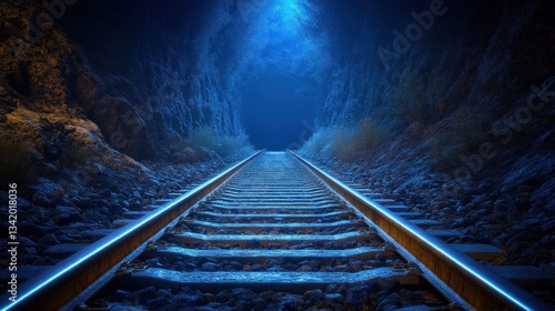 Fototapeta Naklejka Na Ścianę i Meble -  Train tracks vanish into glowing mountain tunnel