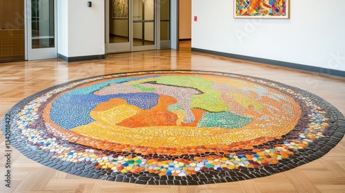 Colorful mosaic world map in museum lobby