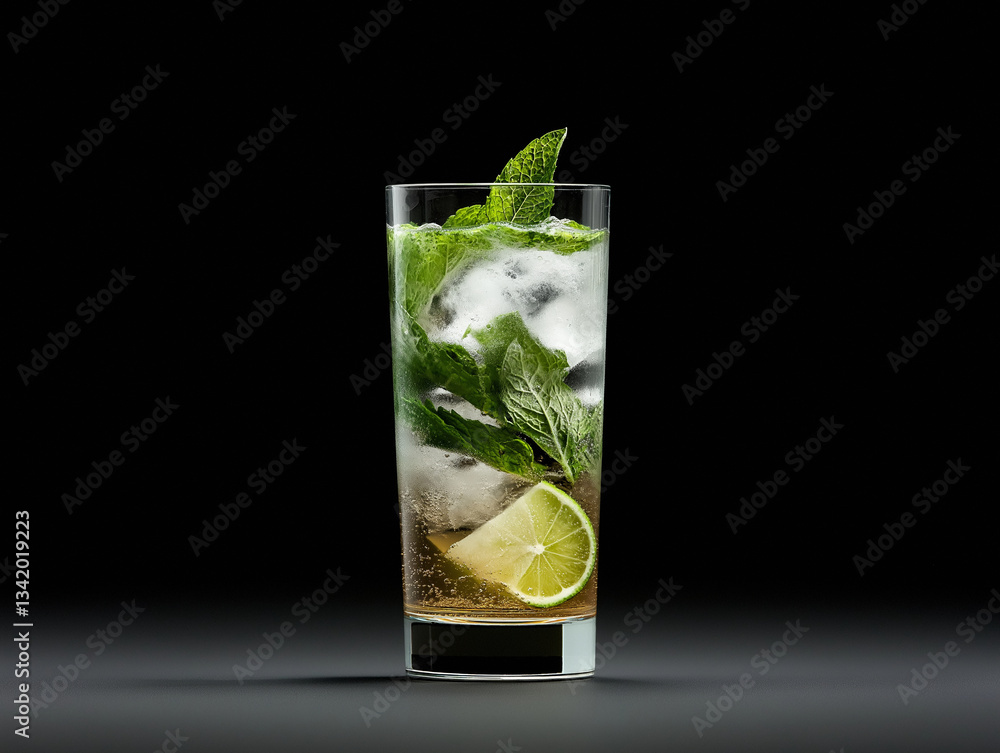 Refreshing mint and lime beverage served in a tall glass with ice and fresh mint leaves Refreshing mint and lime beverage served in a tall glass with ice and fresh mint leaves
